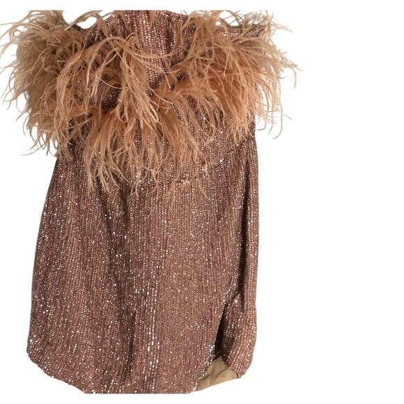 Retrofete Torin Feather Dress Sequin Off The Shoulder Mini Dusty Peach NWT XL - Picture 4 of 9